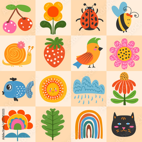 cute fun colorful kids checks seamless pattern, vector illustration repeat design print