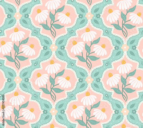 soft pastel colored in pink teal floral ogee seamless pattern, vector illustration repeat design print