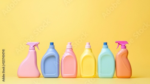 A lineup of pastel plastic cleaning bottles against a warm yellow backdrop radiates freshness and cleanliness, adding a cheerful touch to any space photo