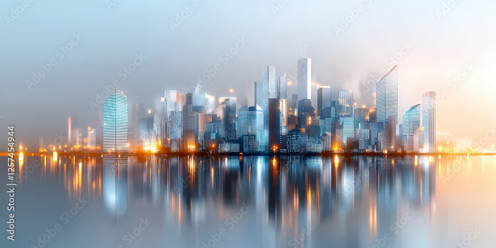Obraz premium Futuristic skyline landscape with shimmering reflections at dusk over calm water surface