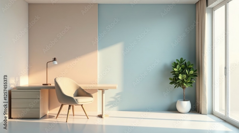 Fototapeta premium Serene Minimalist Home Office Workspace with Natural Light and a Modern Desk