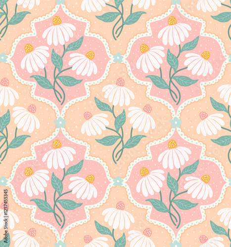  coneflowers floral ogee in pastel pink peach colors  seamless pattern, vector illustration repeat design print