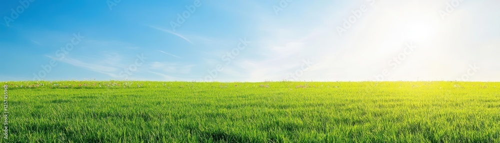 Obraz premium Green grass field under a bright blue sky with scattered clouds on a sunny day