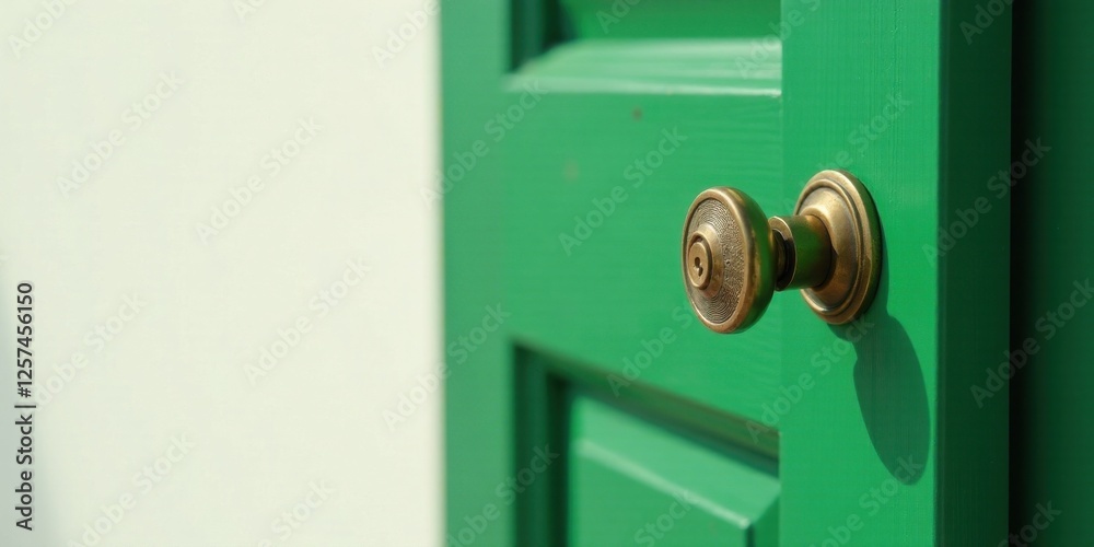 Close-up view of an antique brass door handle on a vibrant green door, bathed in sunlight Close-up view of an antique brass door handle on a vibrant green door, bathed in sunlight