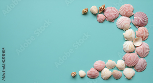 Pastel-colored seashells on a soft teal background, top view with copy space