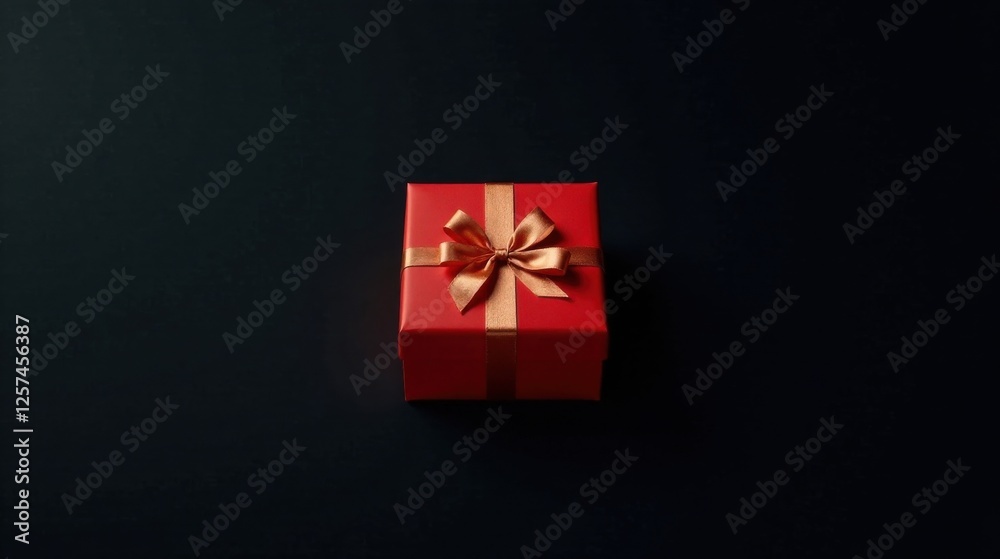 A single red gift box with a copper ribbon bow sits on a dark background, ready for a special occasion A single red gift box with a copper ribbon bow sits on a dark background, ready for a special occasion