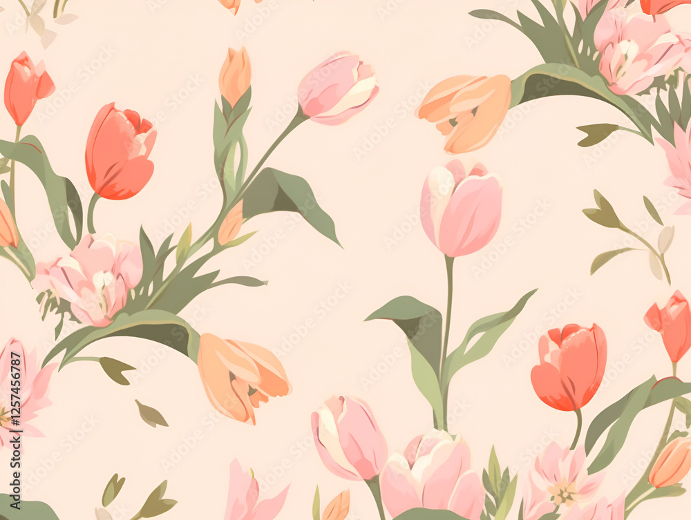 Fototapeta premium Seamless Watercolor Tulip Pattern with Pink Bows