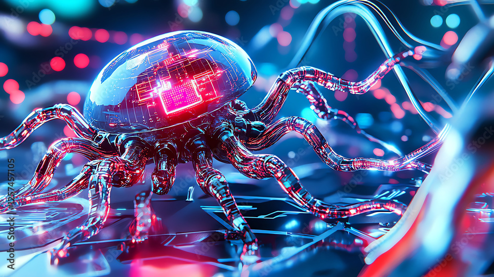 Futuristic octopus with glowing circuits and digital patterns, representing artificial intelligence and technology in vibrant, abstract environment Futuristic octopus with glowing circuits and digital patterns, representing artificial intelligence and technology in vibrant, abstract environment