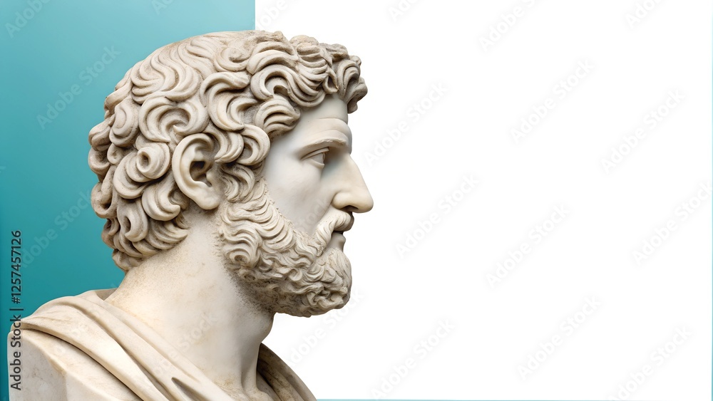 Greek marble bust with curly hair and a beard in profile, set against a modern geometric teal and white background. The blend of classical and contemporary art. Copy space for text or branding. Greek marble bust with curly hair and a beard in profile, set against a modern geometric teal and white background. The blend of classical and contemporary art. Copy space for text or branding.