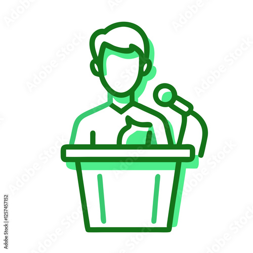 A student standing behind a podium with a microphone icon