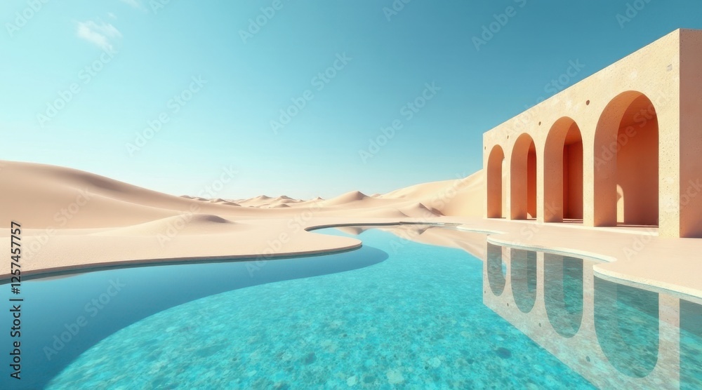 Serene Oasis Architectural marvel with arched alcoves reflects in a tranquil desert pool, creating a breathtaking landscape of sun-drenched sand and vibrant turquoise water.