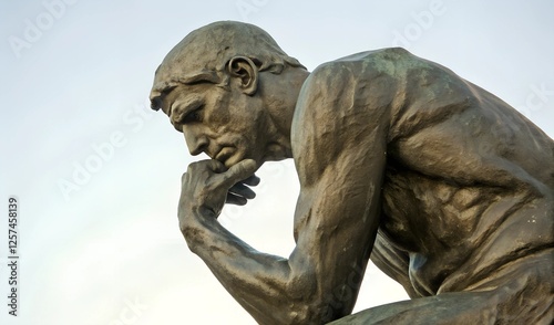 A close-up of The Thinker bronze statue, captured in deep contemplation. The sculpture’s details highlight muscular definition and expressive intensity. The solid background provides ample copy space 