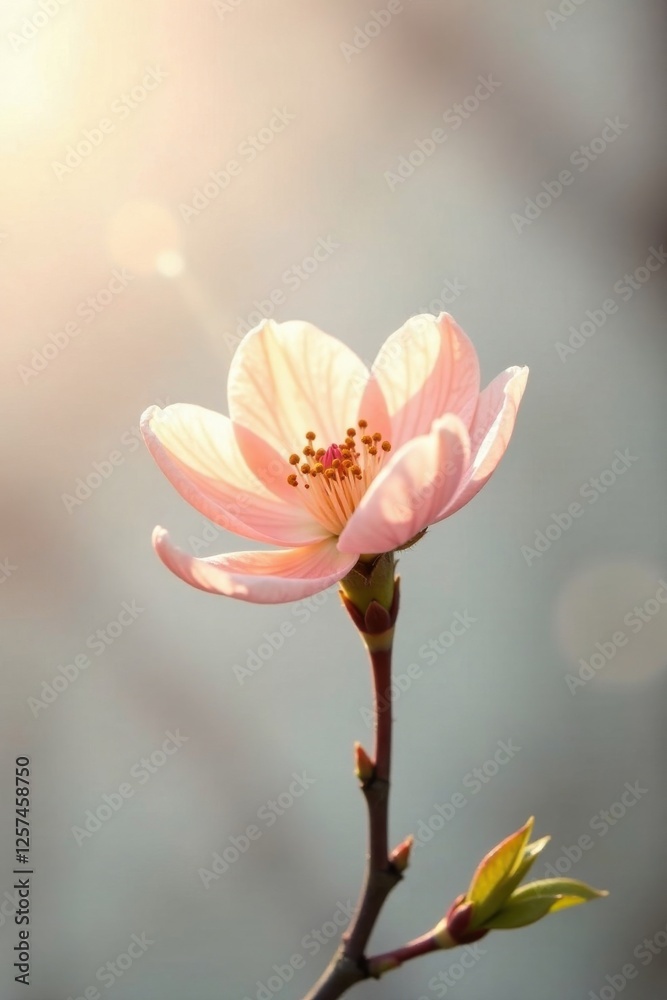 Fototapeta premium A single delicate blossom bathed in the warm glow of the setting sun, its petals softly illuminated, a symbol of springtime's gentle arrival