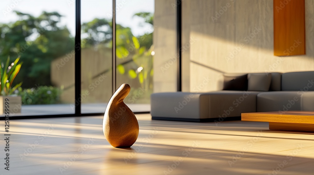 Fototapeta premium A unique wooden sculpture in a modern, sunlit living room.