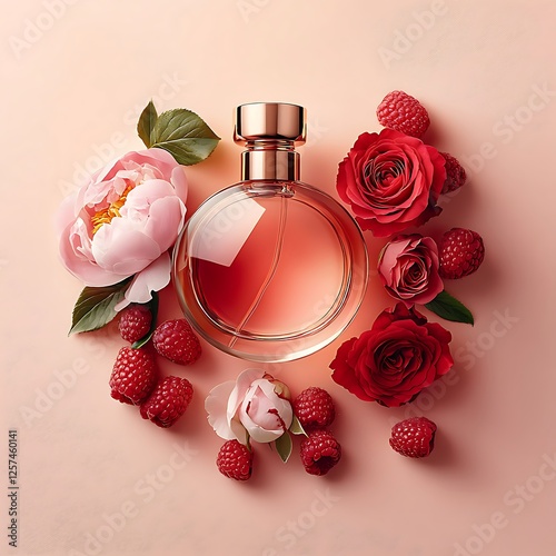 Elegant fragrance bottle surrounded by fresh flowers and berries on a soft background