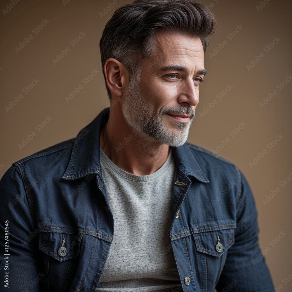 Obraz premium Handsome Middle Aged Man With Gray Hair Wearing Denim Jacket And Gray Shirt Against Neutral Backgrounds With Smile. Portrait Of A Man With Calm Expression. Casual Style. Confident And Mature Man