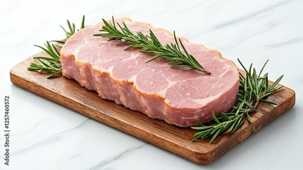 Smoked ham steak rosemary garnish wooden board marble Smoked ham steak rosemary garnish wooden board marble
