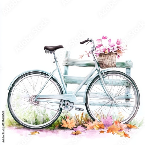 Serene Autumn Ride - Photorealistic Silver Bicycle Leaning Against Wooden Fence in Watercolor Clipart Style with Soft Tones on White Background