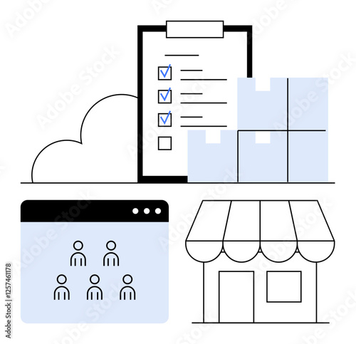 Organized checklist, stacked boxes, user interface grid, and storefront graphic. Ideal for logistics, retail, e-commerce, cloud storage, inventory management organization abstract line flat