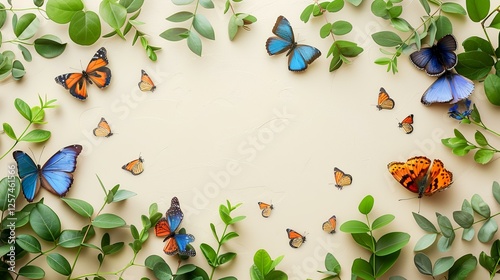 Spring butterflies and leaves border on beige background; nature,  greeting card design