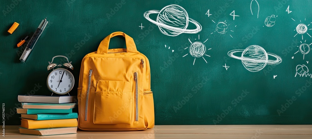 Yellow backpack, books, alarm clock near chalkboard with space drawings Yellow backpack, books, alarm clock near chalkboard with space drawings