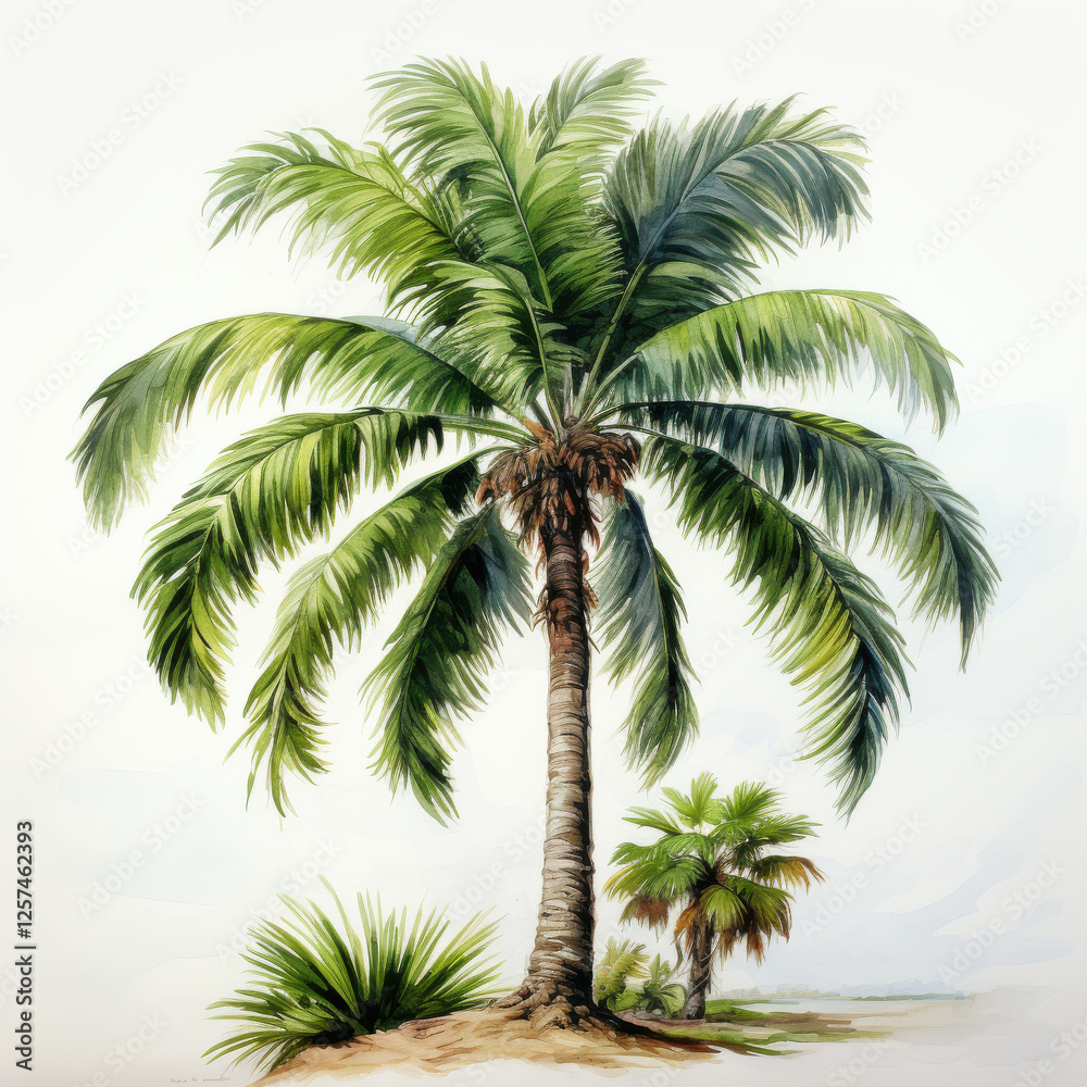 Obraz premium tall palm tree with lush green fronds stands prominently against light background, evoking tropical atmosphere. scene captures essence of relaxation and nature beauty