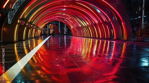 Illuminated archway pathway at night, city reflections