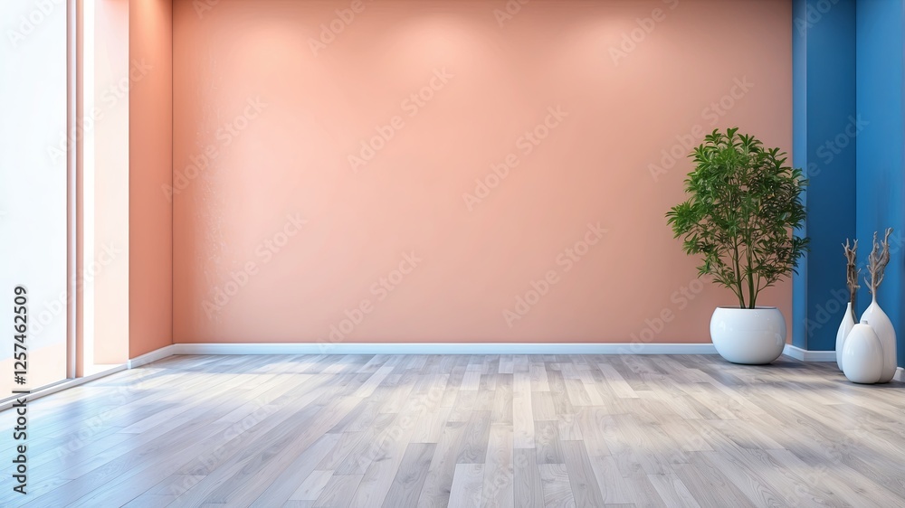 Minimalist room design featuring a peach wall, light wood floors, and a potted plant in a white pot. Minimalist room design featuring a peach wall, light wood floors, and a potted plant in a white pot.