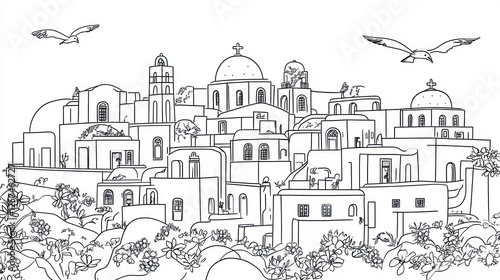 Wallpaper Mural Greek Island Village Seascape Line Drawing Coloring Book Torontodigital.ca