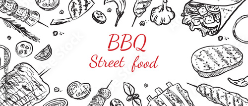 Menu design for barbeque, street food cafe. Shawarma, doner kebab, steak, ribs with fresh vegetables in brush stroke texture. Hand drawn vector sketch illustration in vintage charcoal ink style