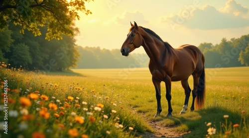 A chestnut horse stands serene in a sun-drenched meadow of wildflowers, bathed in the warm glow of the setting sun, a peaceful pastoral scene.