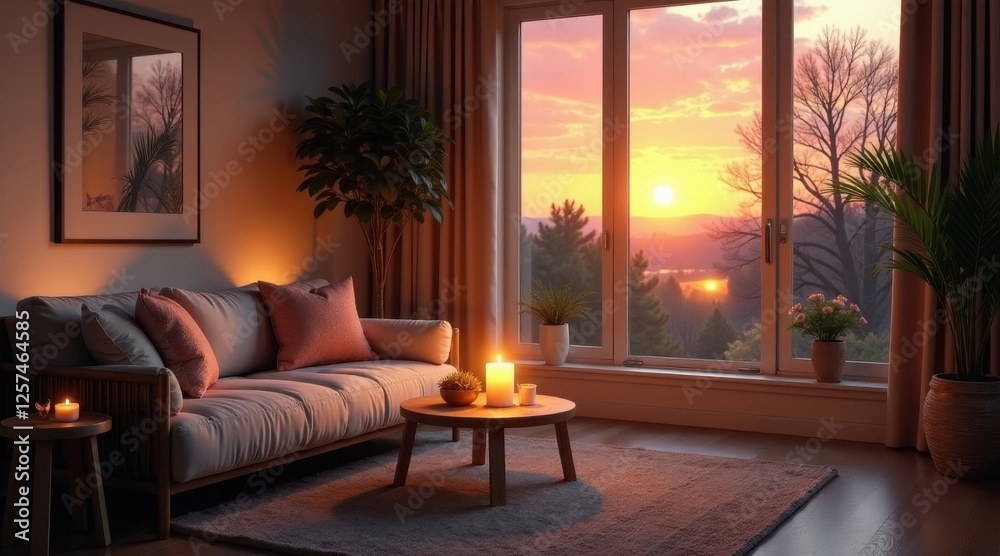 Fototapeta premium Serene Sunset View from Cozy Living Room with Warm Candlelight and Houseplants