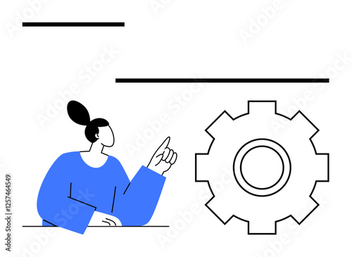 Person in blue top pointing toward large gear symbol emphasizing ideas, processes, or mechanisms. Ideal for teamwork, planning, innovation, technology, development, strategy abstract line flat