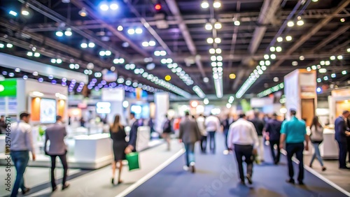 Blurred of busy trade show floor or exhibition event hall with numerous attendees