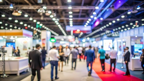 Blurred of busy trade show floor or exhibition event hall with numerous attendees