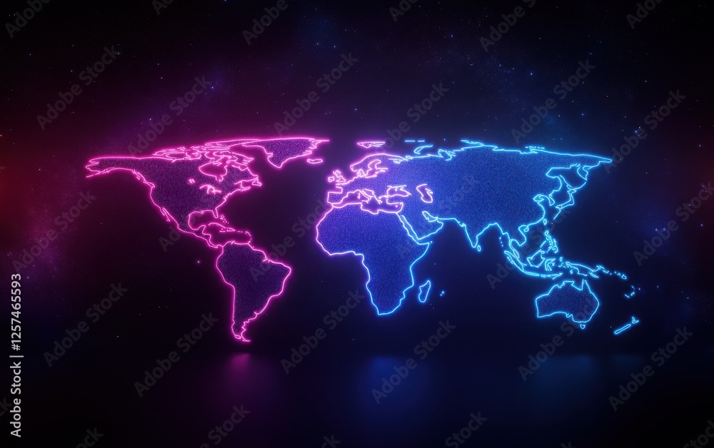 Naklejka premium Futuristic Neon Map: A sleek digital world map with glowing neon blue and magenta global network connections, symbolizing data transfer and advanced connectivity. 