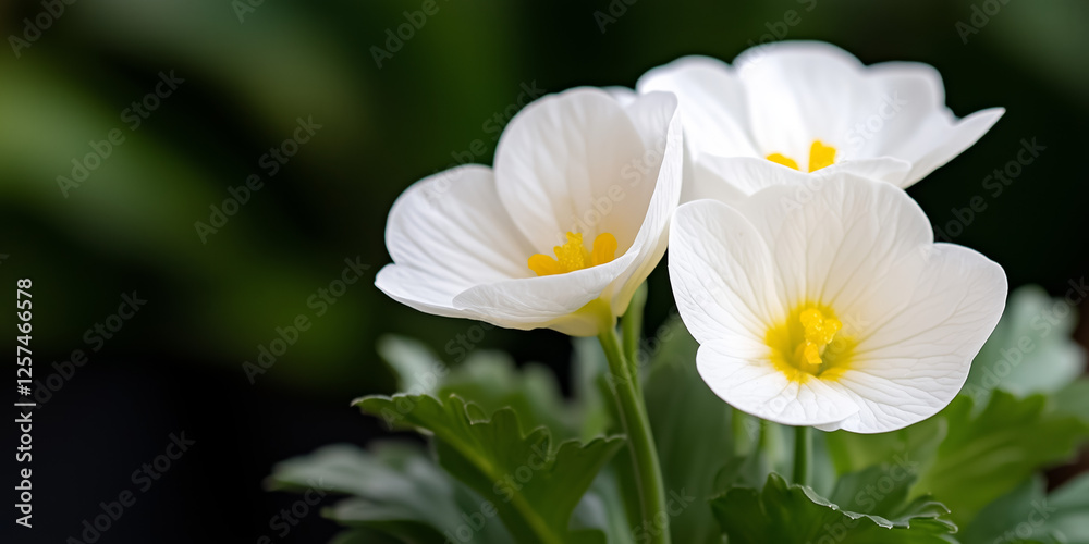 Close Up Of Three White Flowers With Green Leaves Close Up Of Three White Flowers With Green Leaves