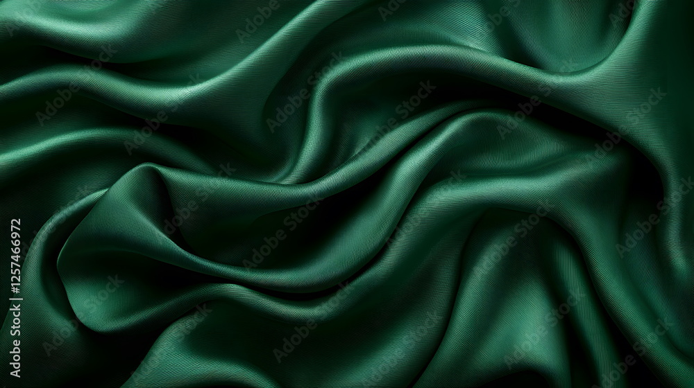 Deep emerald satin fabric with smooth textures flowing gracefully in soft natural light background.