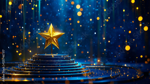 Golden star on podium with golden light motion decoration and bokeh.