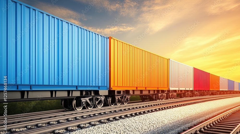 Fototapeta premium Freight train with colorful containers at sunset on railway tracks. Global transportation and logistics concept