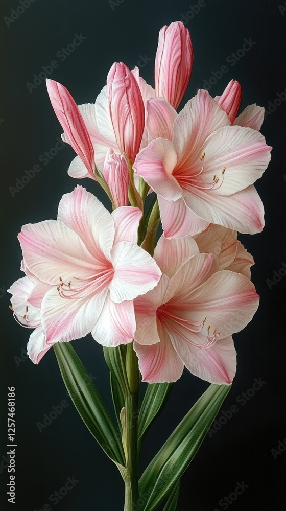 Fototapeta premium Beautiful pink and white amaryllis flowers blooming against a dark background