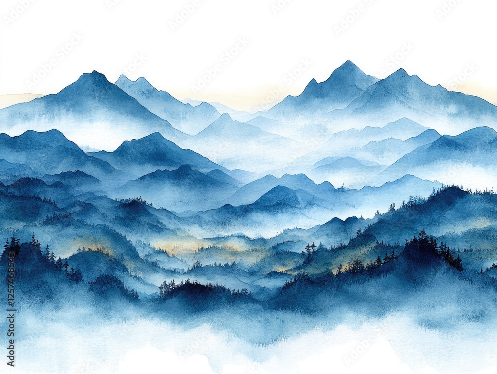Fototapeta premium Misty blue watercolor mountainscape; tranquil scene. Ideal for travel, nature, serenity themes; evokes calm.