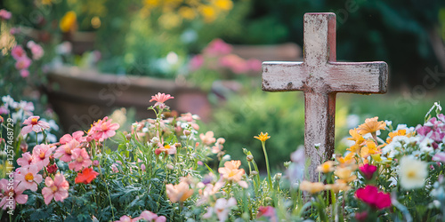 Wooden Cross in Blooming Garden with Sunlight