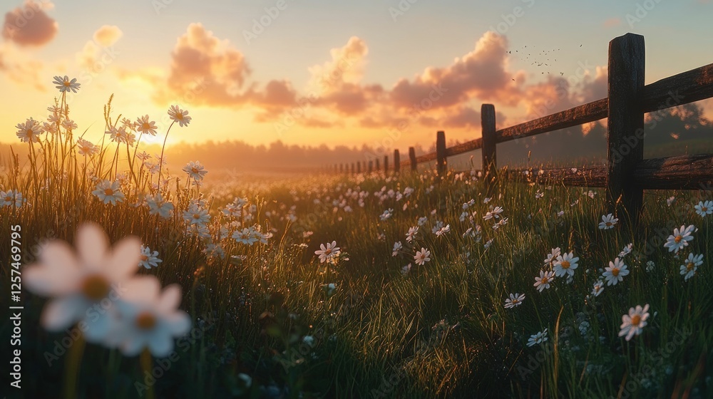 Obraz premium Golden hour daisies beside rustic fence