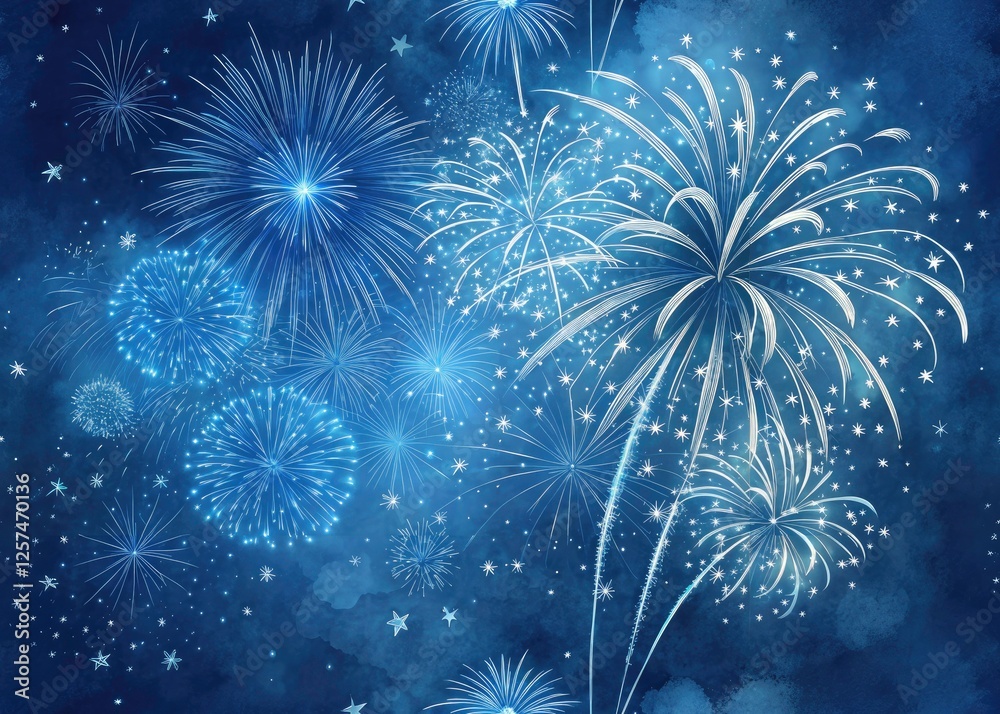 Obraz premium Blue Fireworks Night Sky Photography, Dark Gradient Background, Exploding Fireworks, 4th of July Fireworks, Festive Fireworks Display, Night Sky Image