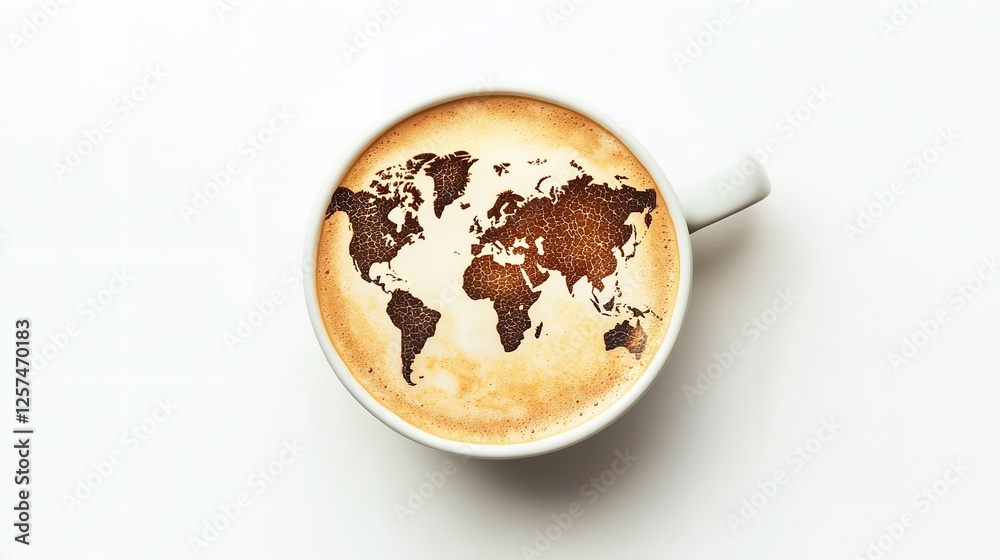 Aromatic World Map Latte Art in a Ceramic Mug on a White Surface Aromatic World Map Latte Art in a Ceramic Mug on a White Surface