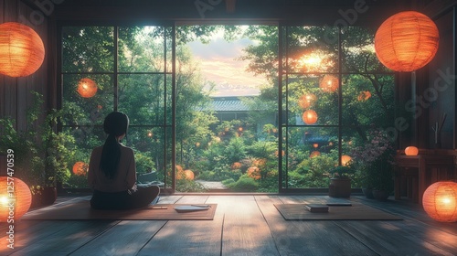 Serene woman meditates, garden view, warm sunset light.