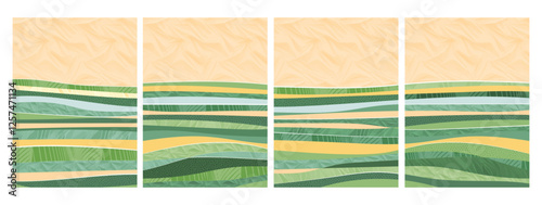 Farm field agriculture pattern of rice, wheat, corn in organic landscape. Green rural vector background, nature layout. Abstract aerial view of farmland, hill, river. Cover template, brochure, poster