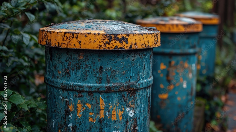 A row of weathered blue trash bins with rusty yellow lids surrounded by lush greenery in an urban setting A row of weathered blue trash bins with rusty yellow lids surrounded by lush greenery in an urban setting