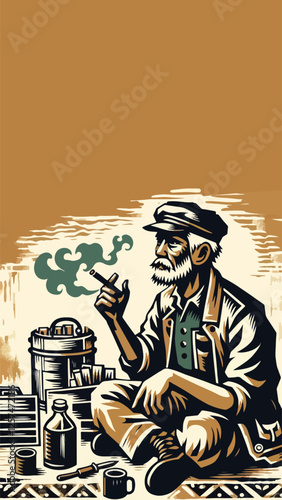 an old man in mechanic's clothes was sitting and smoking, in block print style 